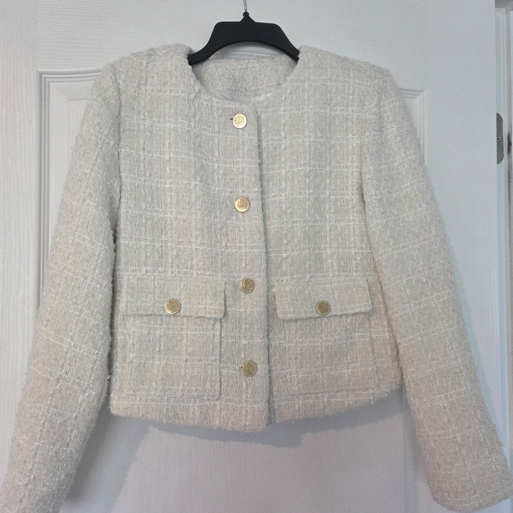 Women's Cream Tweed Button-Front Jacket with Gold Buttons